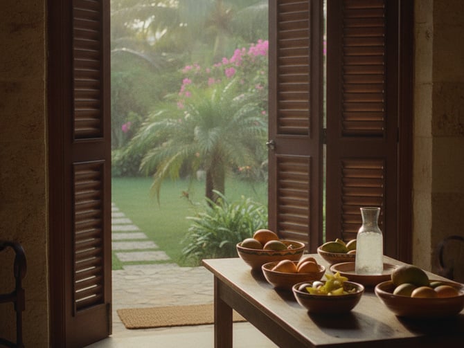 Open wooden doors overlooking lush garden with pink flowers, table with bowls of fruit and water pitcher in foreground
