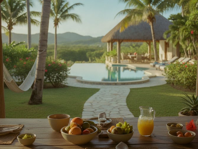 Breakfast table with fruit and juice overlooking tropical villa with pool, palm trees, and mountain view