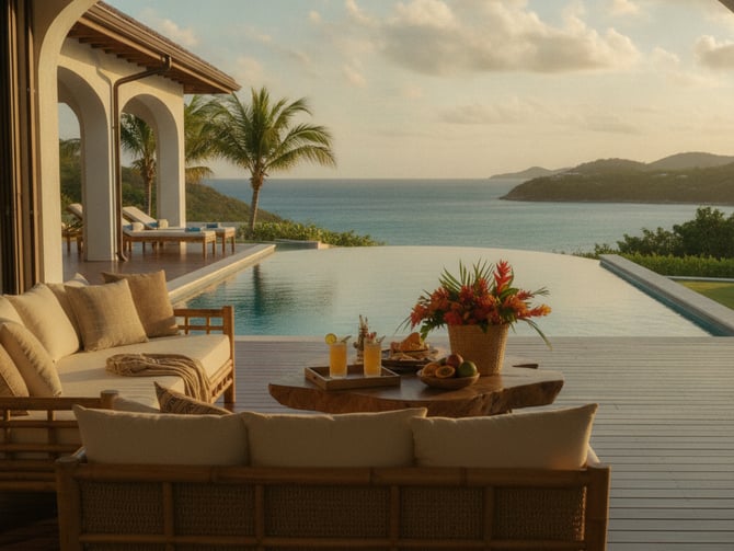 Luxury beachfront villa with infinity pool, lounge seating, and panoramic ocean view with palm trees and distant islands