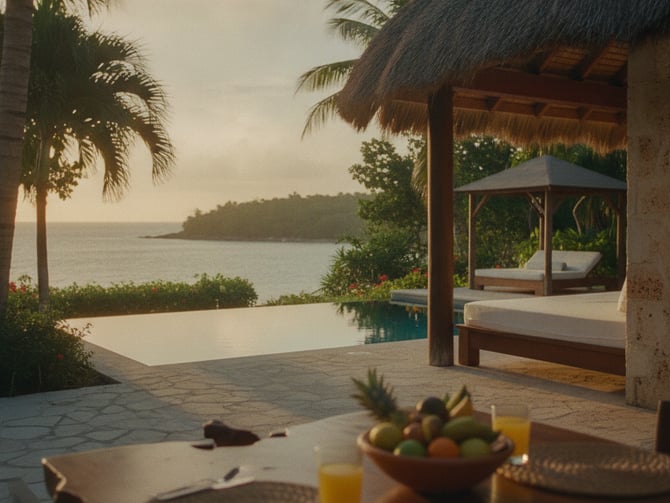 Tropical villa with thatched-roof gazebo, infinity pool, and ocean view beyond palm trees