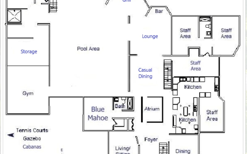 Floor plan of vacation resort showing guest areas including Blue Mahoe suite, pool, gazebo, grill, bar, lounge, dining, kitchen, gym, and staff areas.