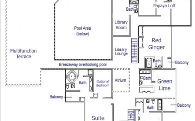Floor plan of vacation rental showing billiards area, pool, library lounge, multiple rooms, and terraces with labeled spaces